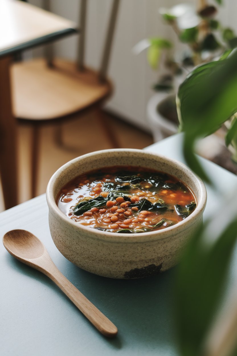 Cozy indoor setting with a stoneware bowl of lentil and spinach soup, reddish broth dotted with green spinach leaves and brown lentils. No text or logos. Photo.