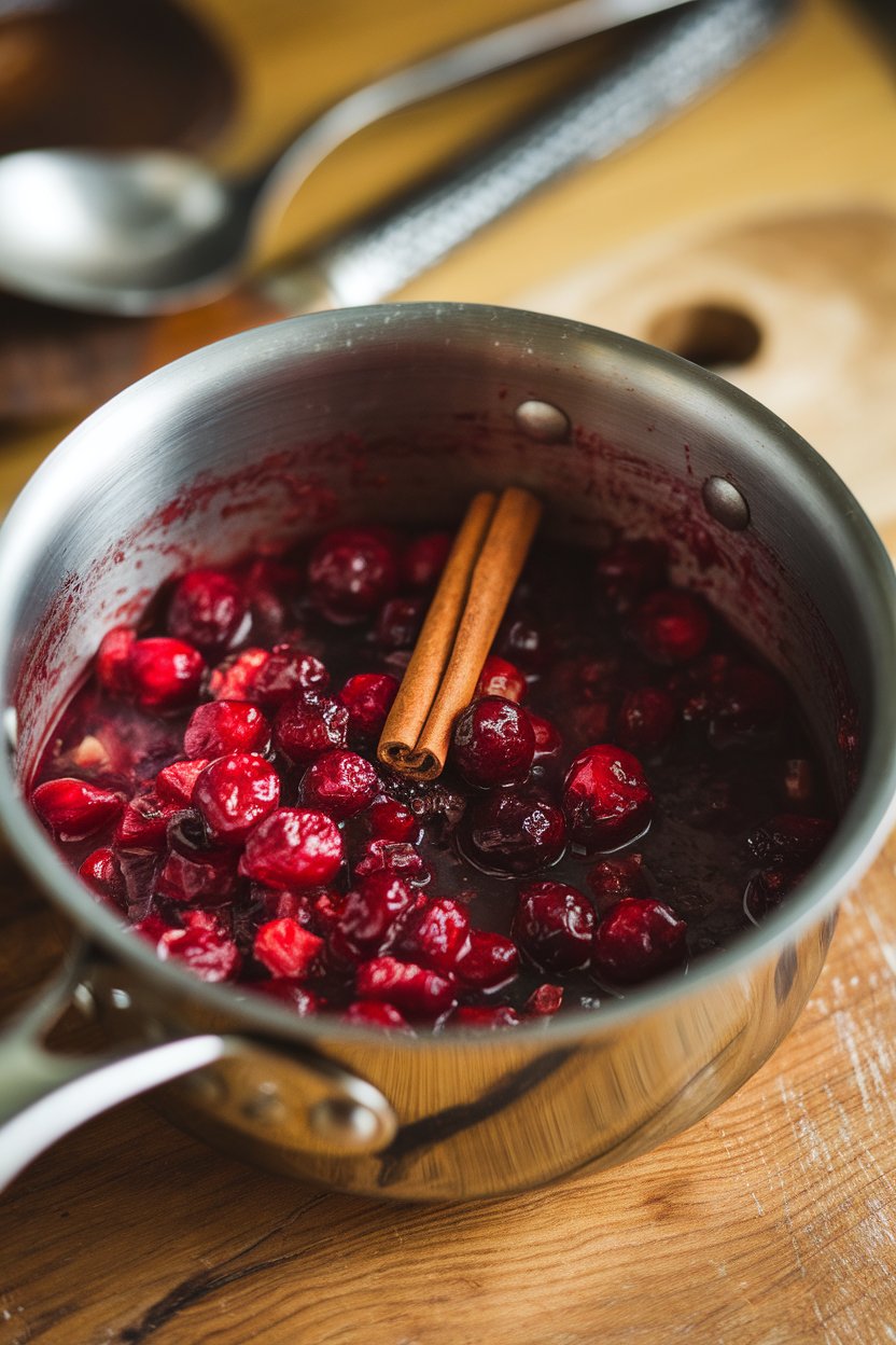 A small saucepan indoors filled with chunky apple-cranberry compote, cinnamon stick visible; no text or logos, photo only