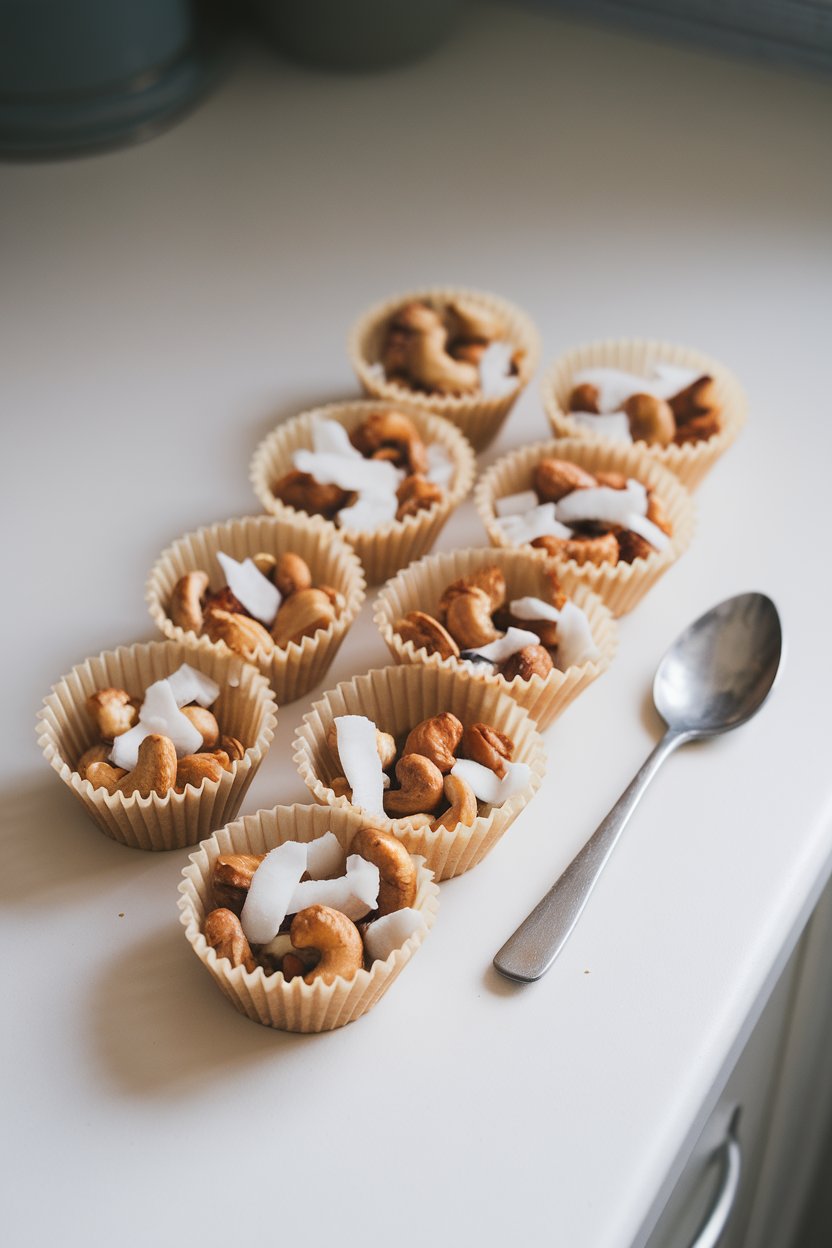 A photo inside a kitchen showing small parchment cups holding toasted cashews bound with coconut flakes and honey. No text or logos.