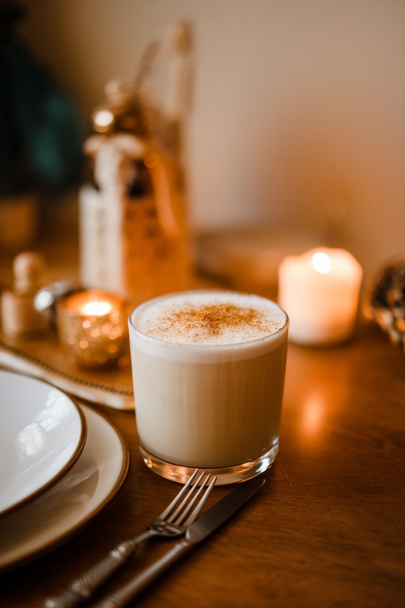 Indoor dining table, short glass of frothy eggnog margarita dusted with freshly grated nutmeg; warm candlelight nearby, no logos.
