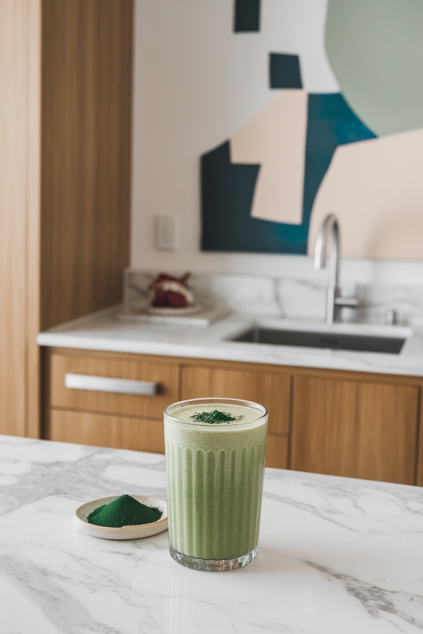 An indoor modern kitchen scene featuring a vibrant green smoothie in a clear glass, spirulina powder in a small dish beside it. No text or logos.