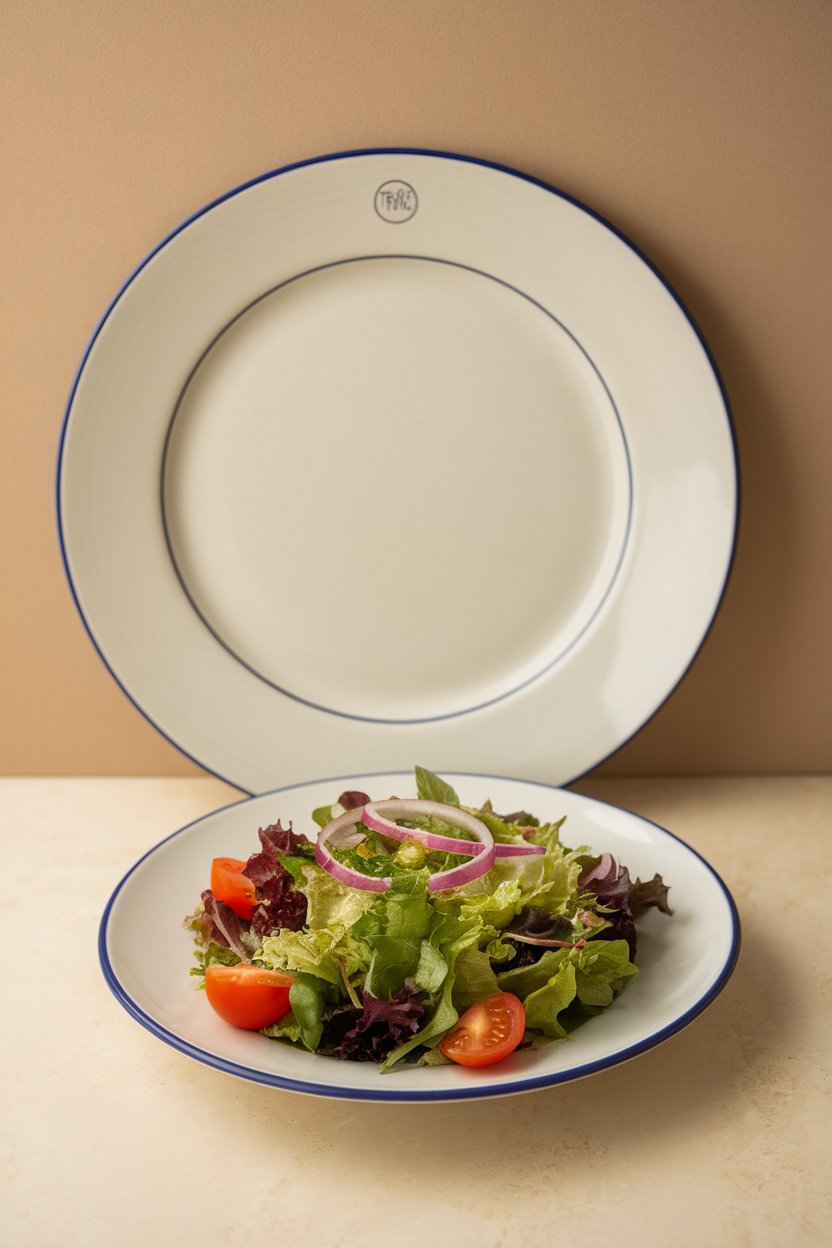 Indoor shot of a salad served on a modest-sized white plate next to an empty larger plate, demonstrating size difference, no logos visible.