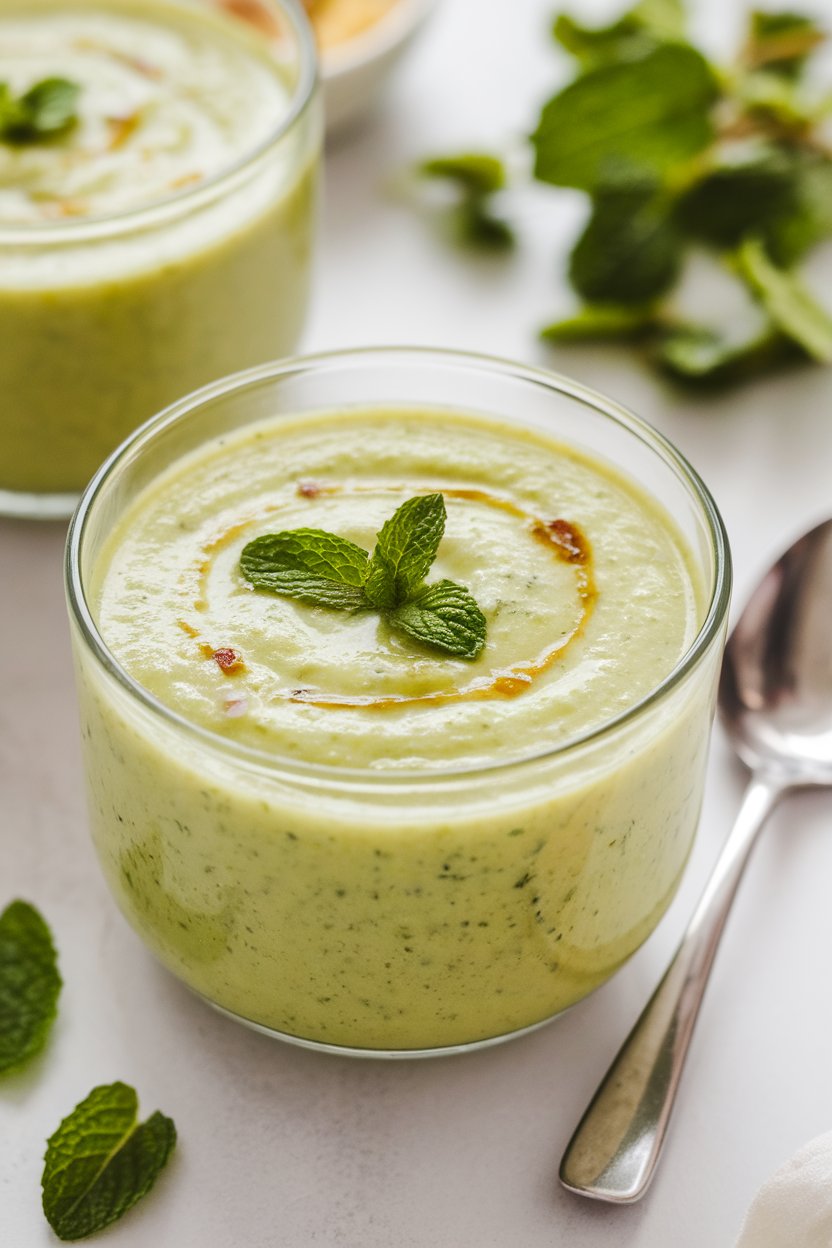Photo prompt: Indoor glass bowl of pale green cucumber soup topped with tiny mint leaves, spoon beside. No text or logos.