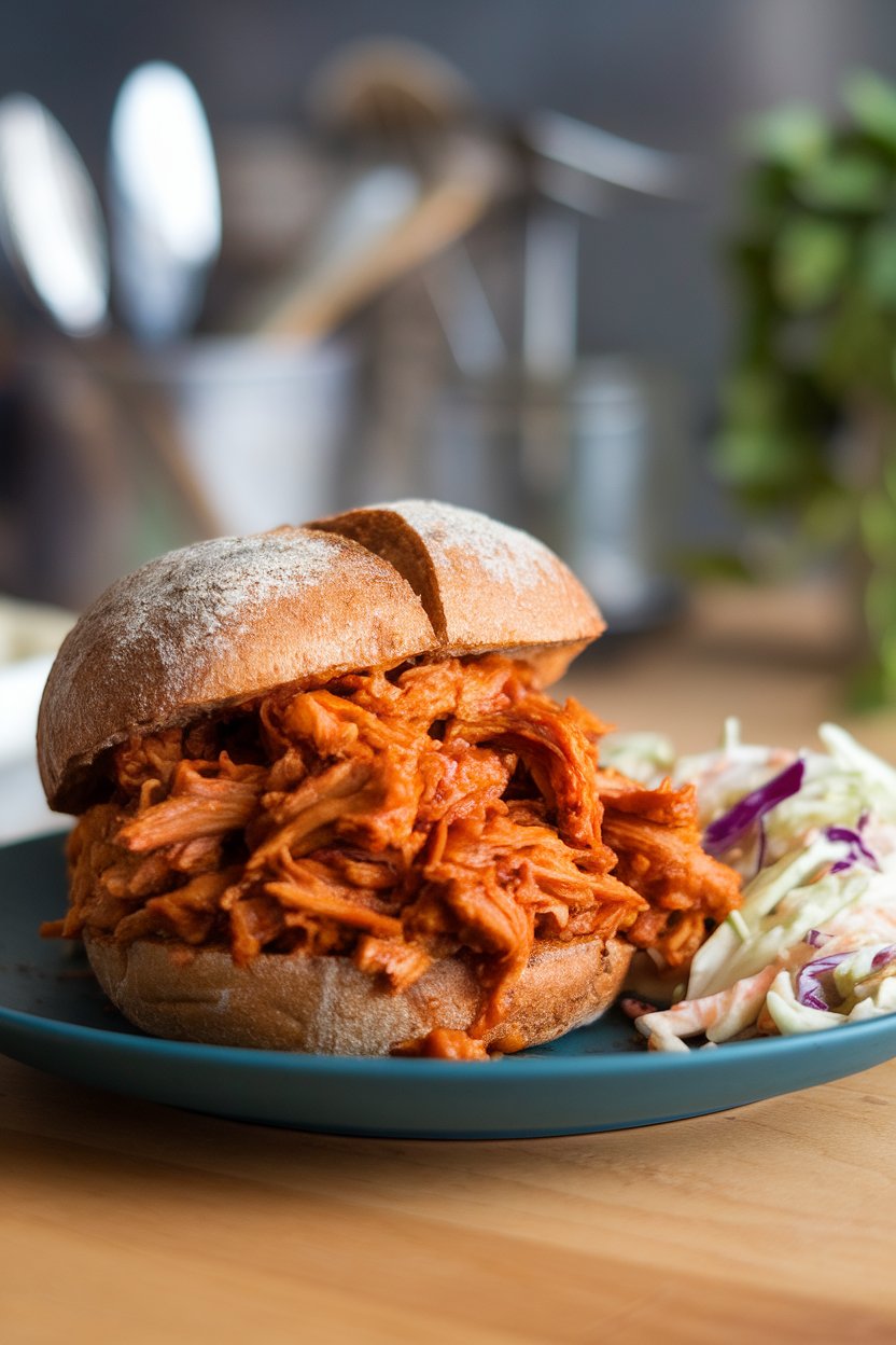 An indoor plate with a whole-wheat bun piled high with saucy pulled jackfruit and a side of coleslaw. No text or logos.