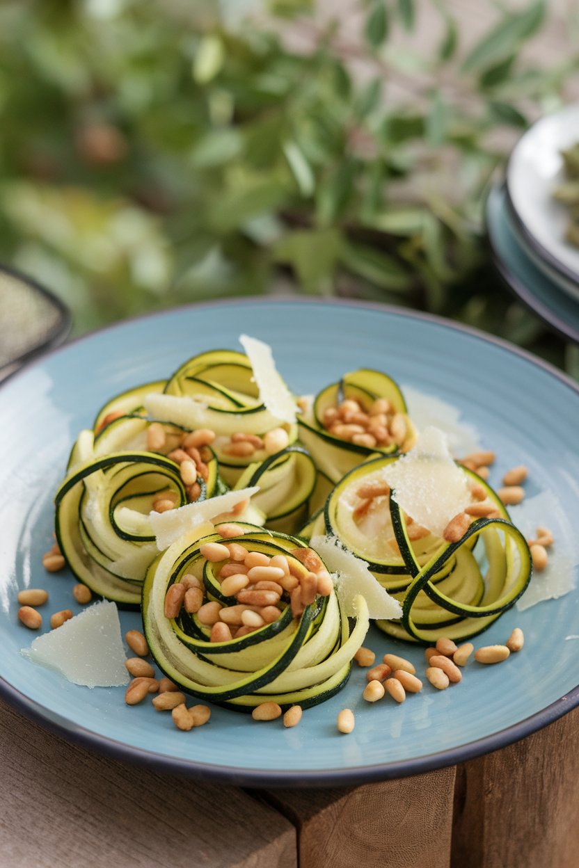 An indoor plate featuring thin zucchini ribbons curled into loose nests, dotted with roasted pine nuts and Parmesan shavings. No text or logos.