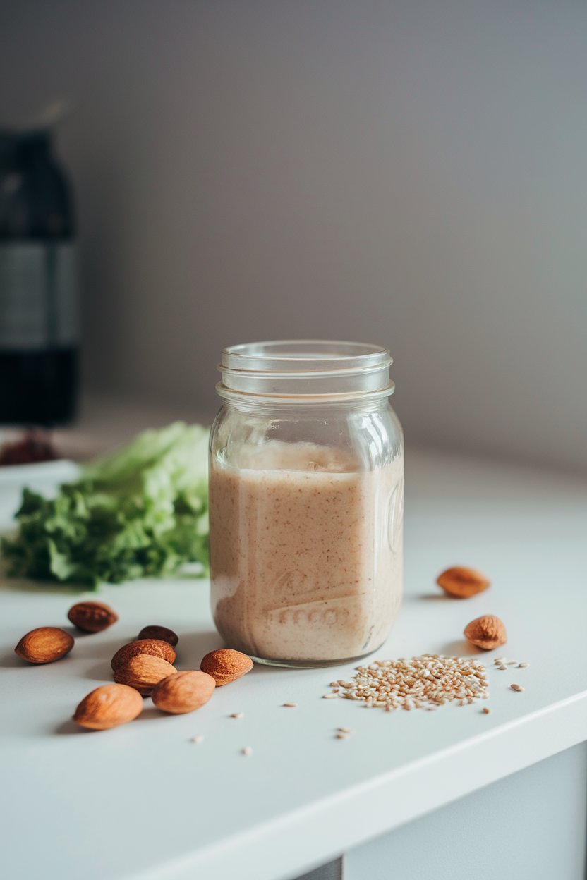 Indoor counter with a mason jar of light brown almond sesame dressing, whole almonds and sesame seeds nearby. Photo, not illustration. No text or logos.