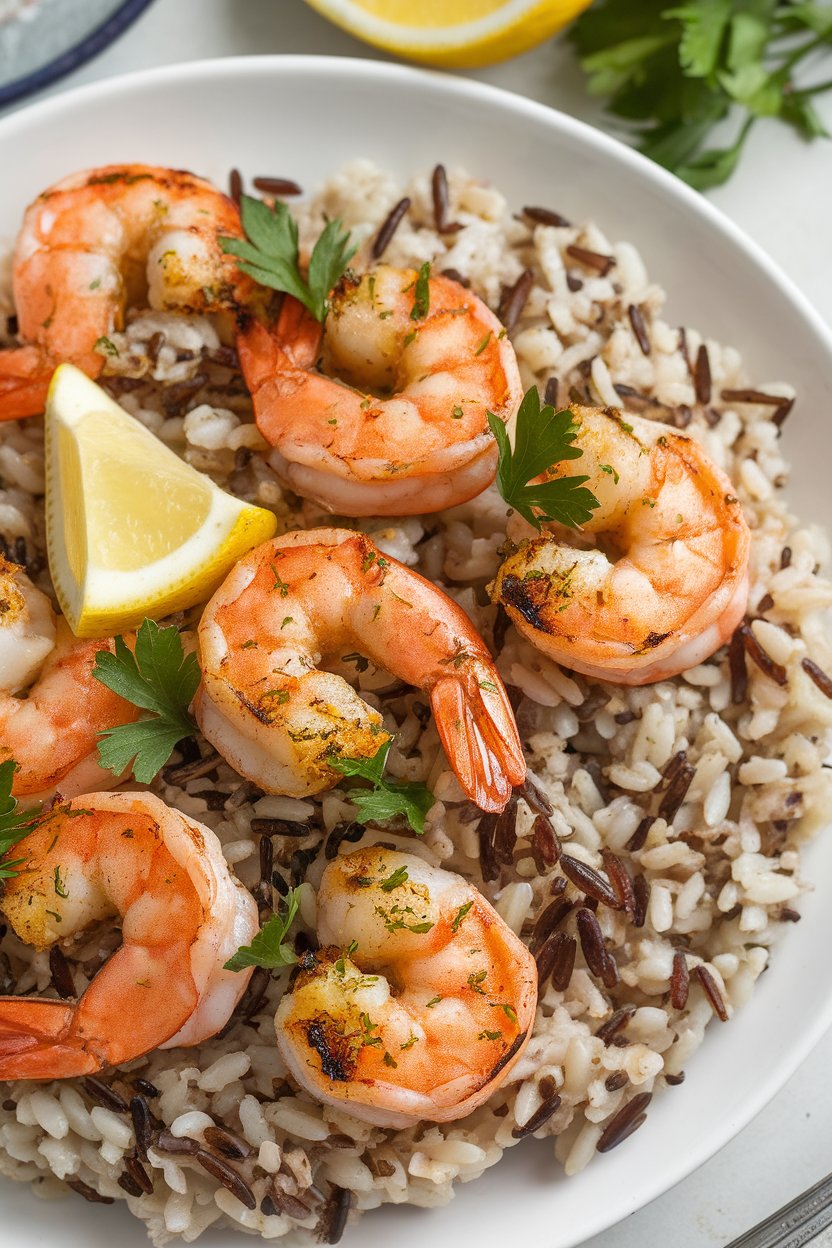 Indoor photo of grilled shrimp arranged on wild rice pilaf with lemon zest and parsley, no text or logos.