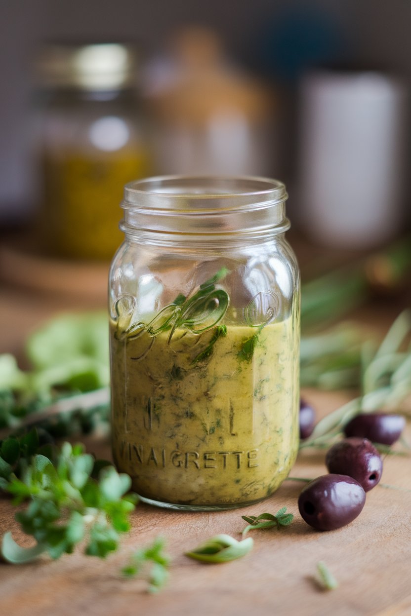 Photo — A mason jar indoors containing homemade herb vinaigrette, herbs and olive oil scattered around. No text or logos.