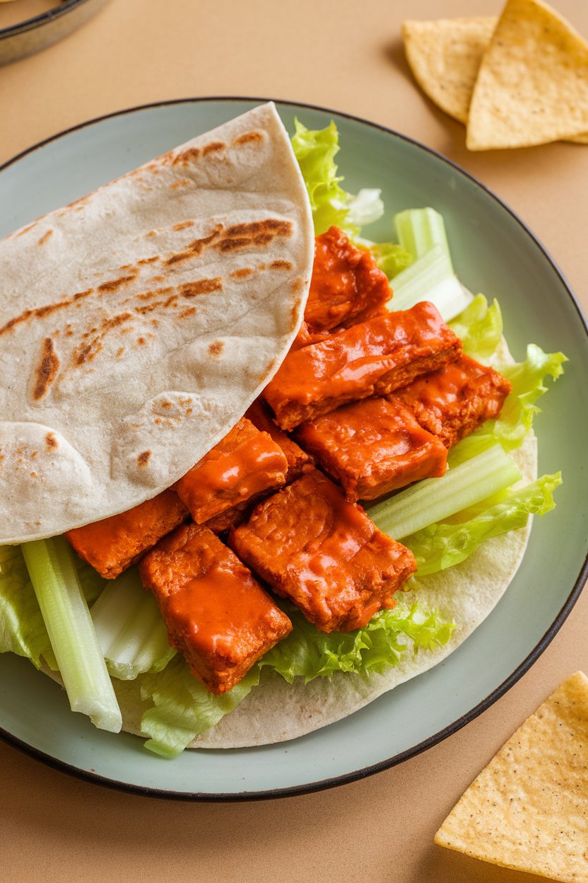 An indoor plate with a whole-wheat tortilla filled with buffalo-sauced tempeh strips, lettuce, and sliced celery, tortilla partially folded. No text or logos; photo, not illustration.