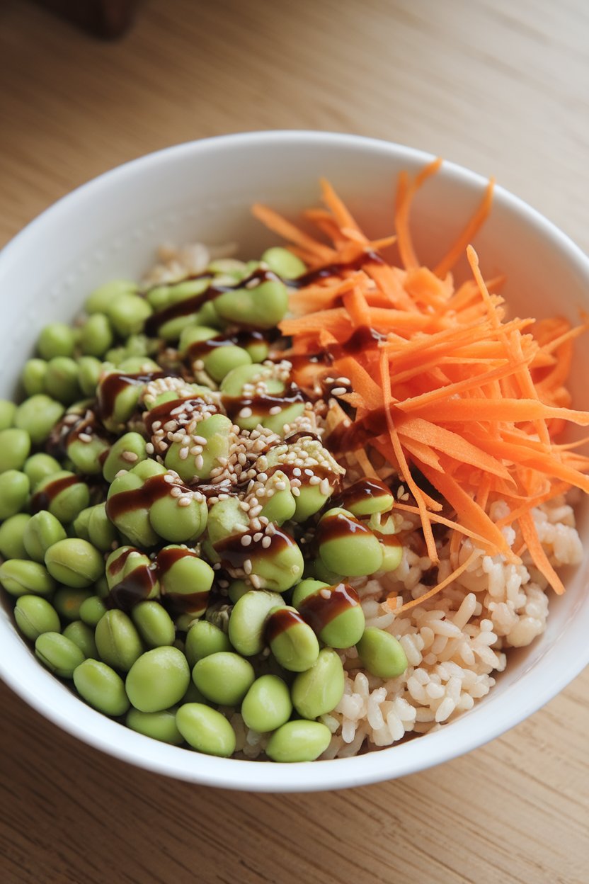 Indoor bowl filled with brown rice, shelled edamame, shredded carrot, and sesame seeds, light soy drizzle over top. No text or logos present.