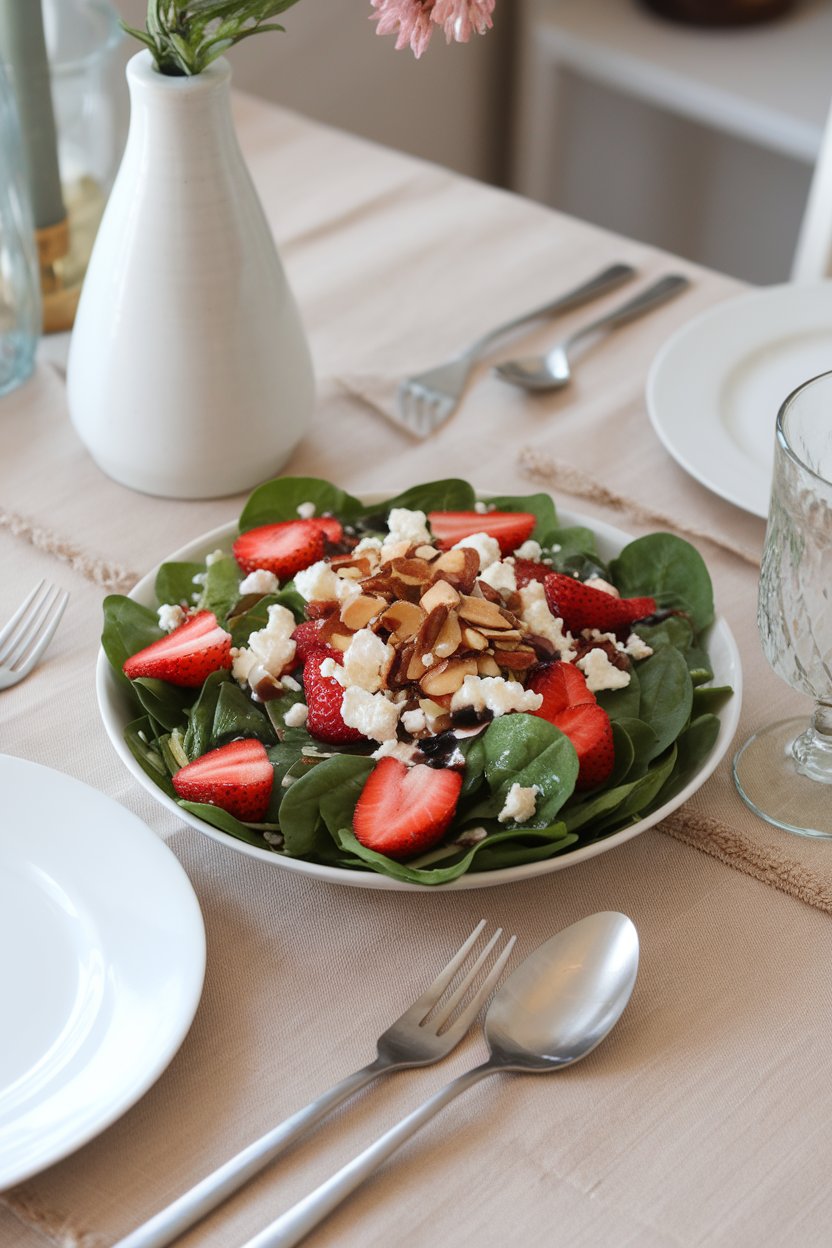 Indoor dining table with a white plate of spinach leaves, sliced strawberries, crumbled feta, and toasted almonds, lightly coated in balsamic vinaigrette. Photo only, no text or logos.