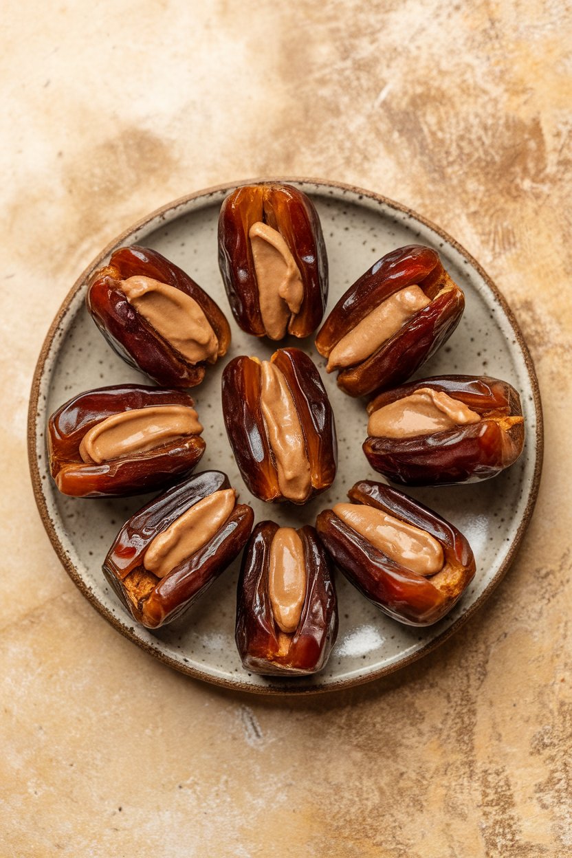 Indoor photo of glossy Medjool dates split open and filled with almond butter, arranged on a small ceramic plate. No text or logos.