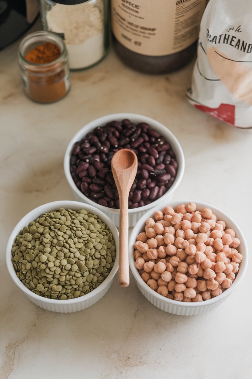 An indoor countertop with small bowls of green lentils, black beans, and chickpeas arranged in a triangle, wooden spoon in the middle. No text or logos on bowls.