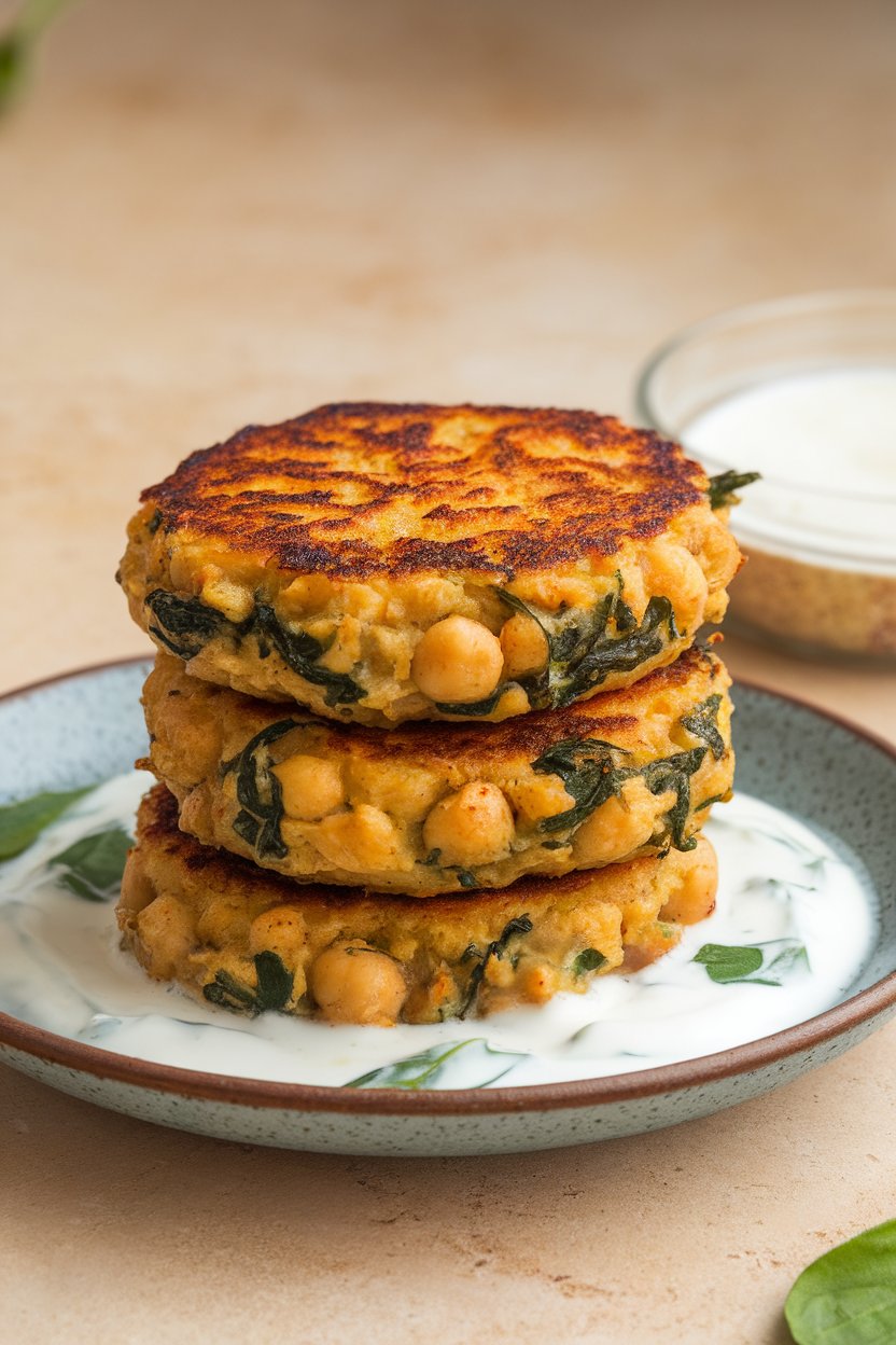 Indoor photo of golden pan-seared chickpea and spinach patties stacked on a small plate with a side of yogurt sauce. No logos or text.