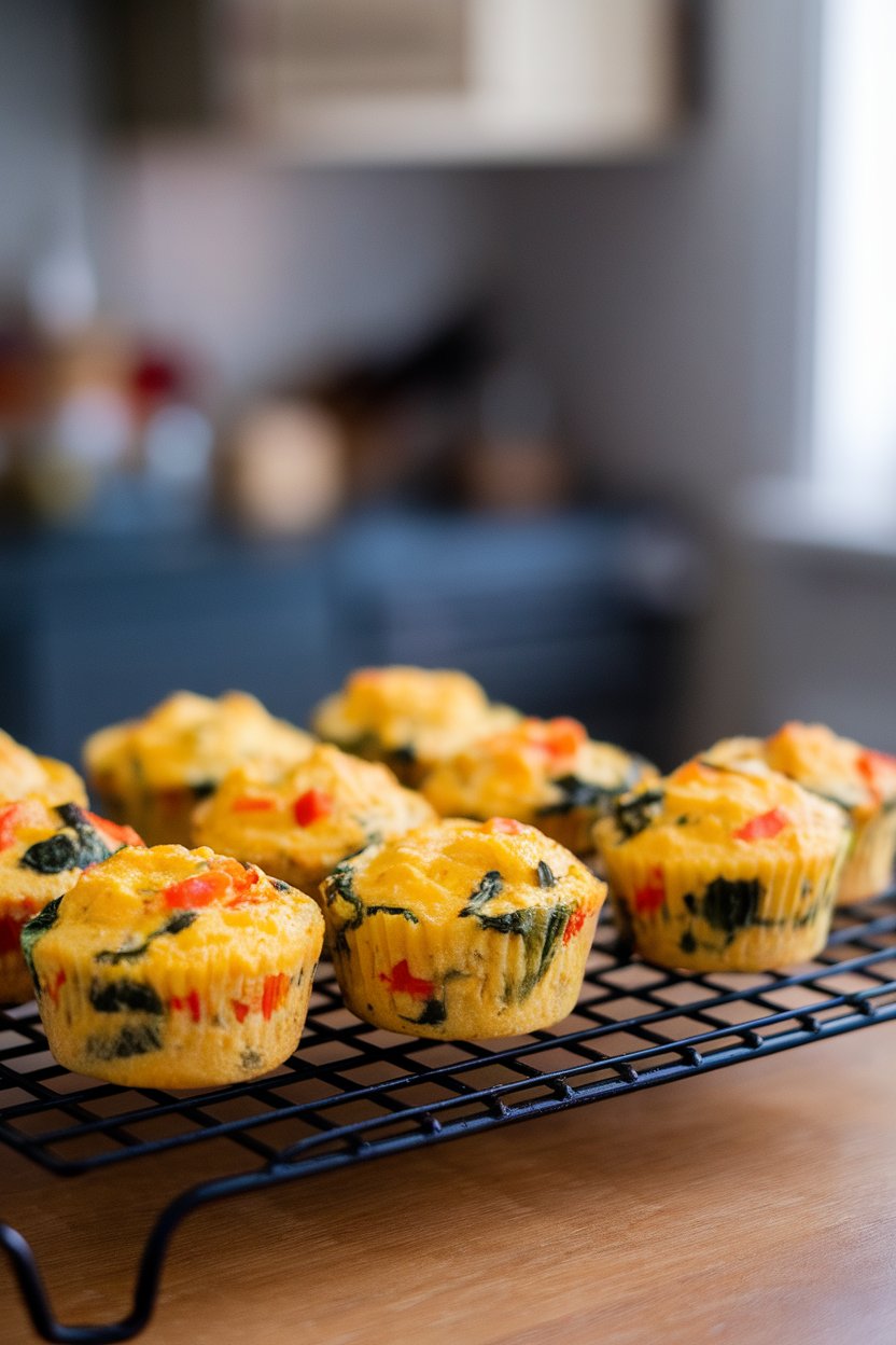 A cooling rack indoors holding several mini egg muffins dotted with peppers and spinach. No text or logos.