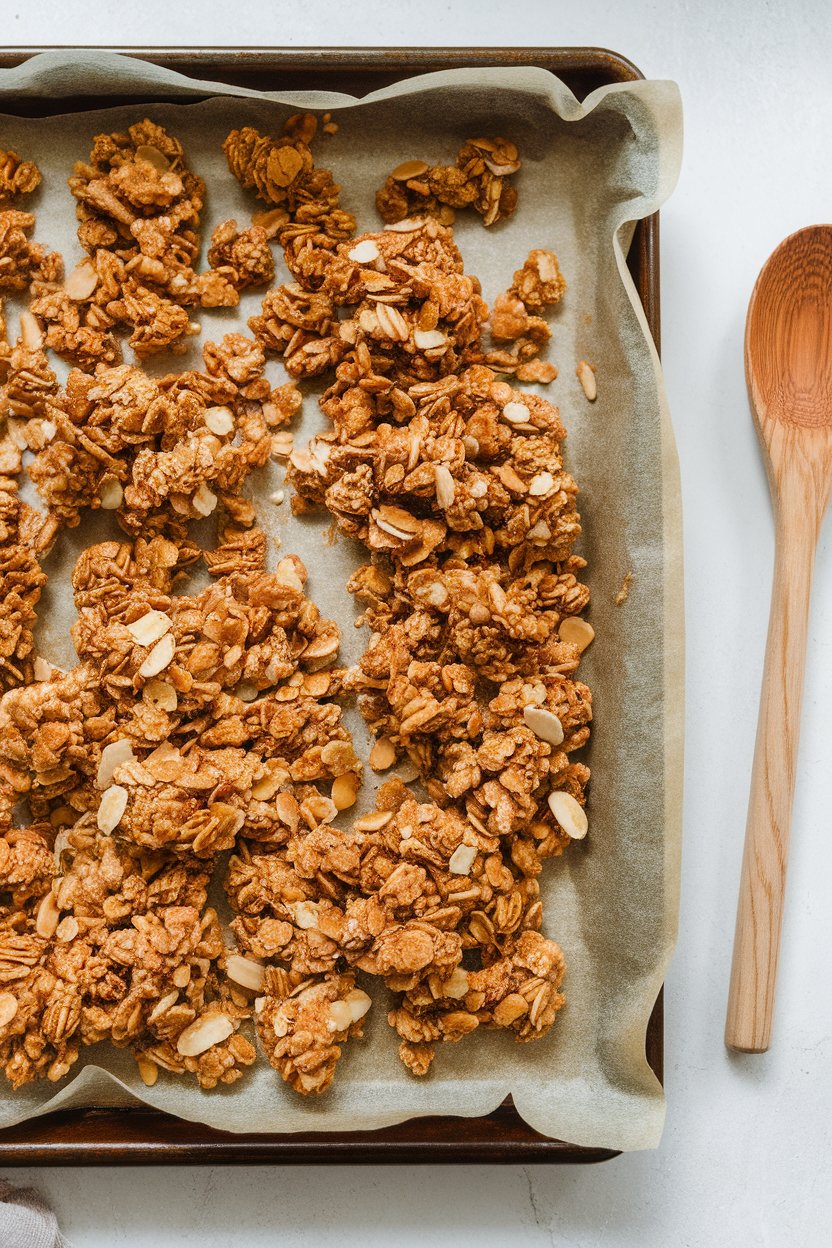 An indoor baking tray lined with parchment holding golden clusters of cinnamon almond granola, wooden spoon nearby. No logos or text. Photo.