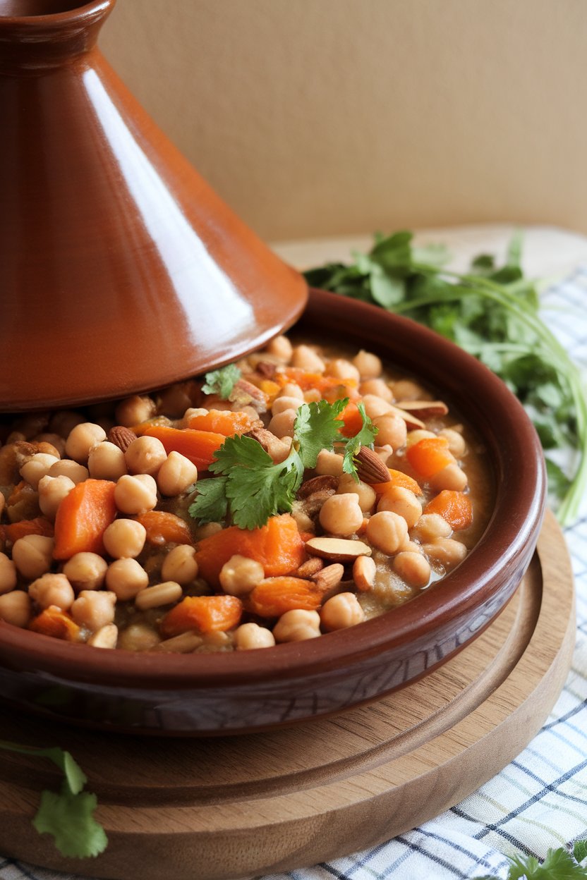 Photo of a tagine bowl filled with chickpeas, dried apricots, carrots, and almonds in a fragrant sauce indoors; no text or logos present.