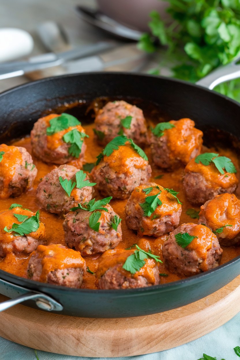 Indoor skillet of browned turkey meatballs sprinkled with parsley—no text or logos.