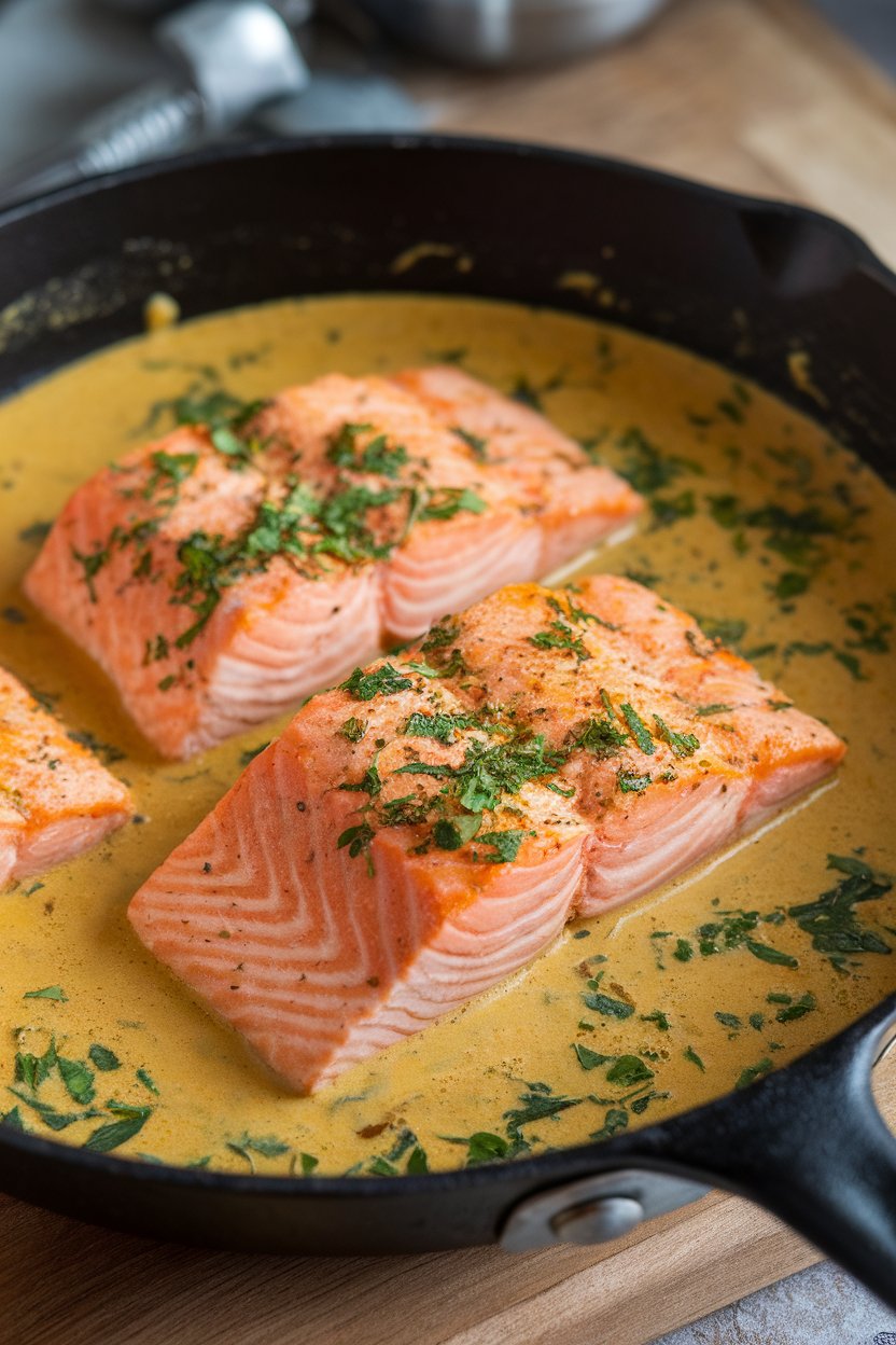 Indoor photo of a skillet with cooked salmon fillets gently poached in golden coconut curry sauce, herbs sprinkled on top. No text or logos.