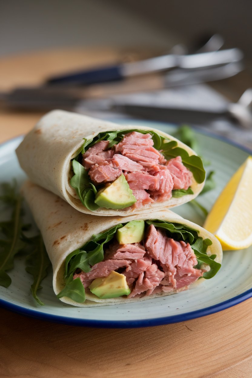 Indoor plate featuring a sliced wrap filled with flaked tuna, diced avocado, and peppery arugula leaves; lemon wedge beside it. No branding anywhere.
