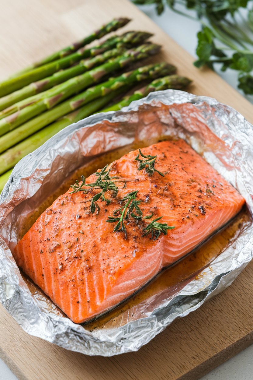 An indoor countertop with a foil packet opened to reveal a cooked salmon fillet coated in maple-Dijon glaze, surrounded by asparagus spears; no text or logos; photo