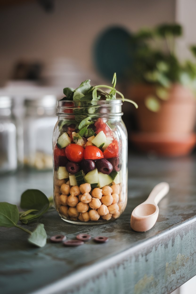 A clear mason jar layered with chickpeas, diced cucumbers, cherry tomatoes, olives, and leafy greens sitting on an indoor counter. No branding, text, or logos on jar or surroundings.