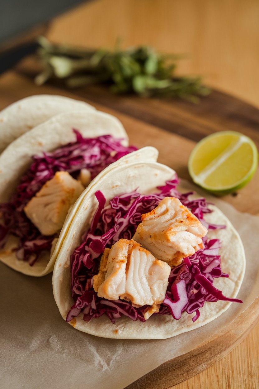 Indoor photo of soft tortillas filled with cooked tilapia chunks and purple cabbage slaw, lime wedge nearby, no text or logos.