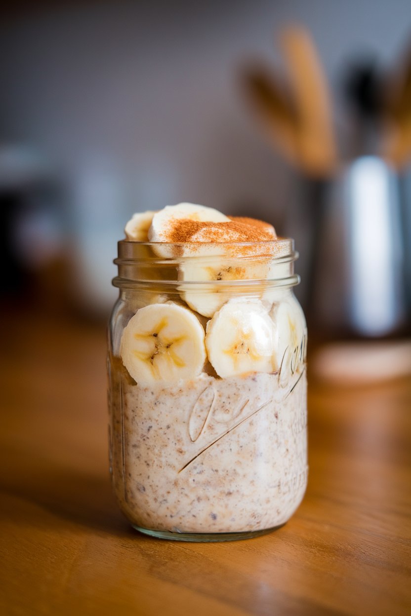 Photo of a mason jar filled with overnight oats topped with sliced banana and a dusting of cinnamon, resting on an indoor wooden table. No text or logos visible.