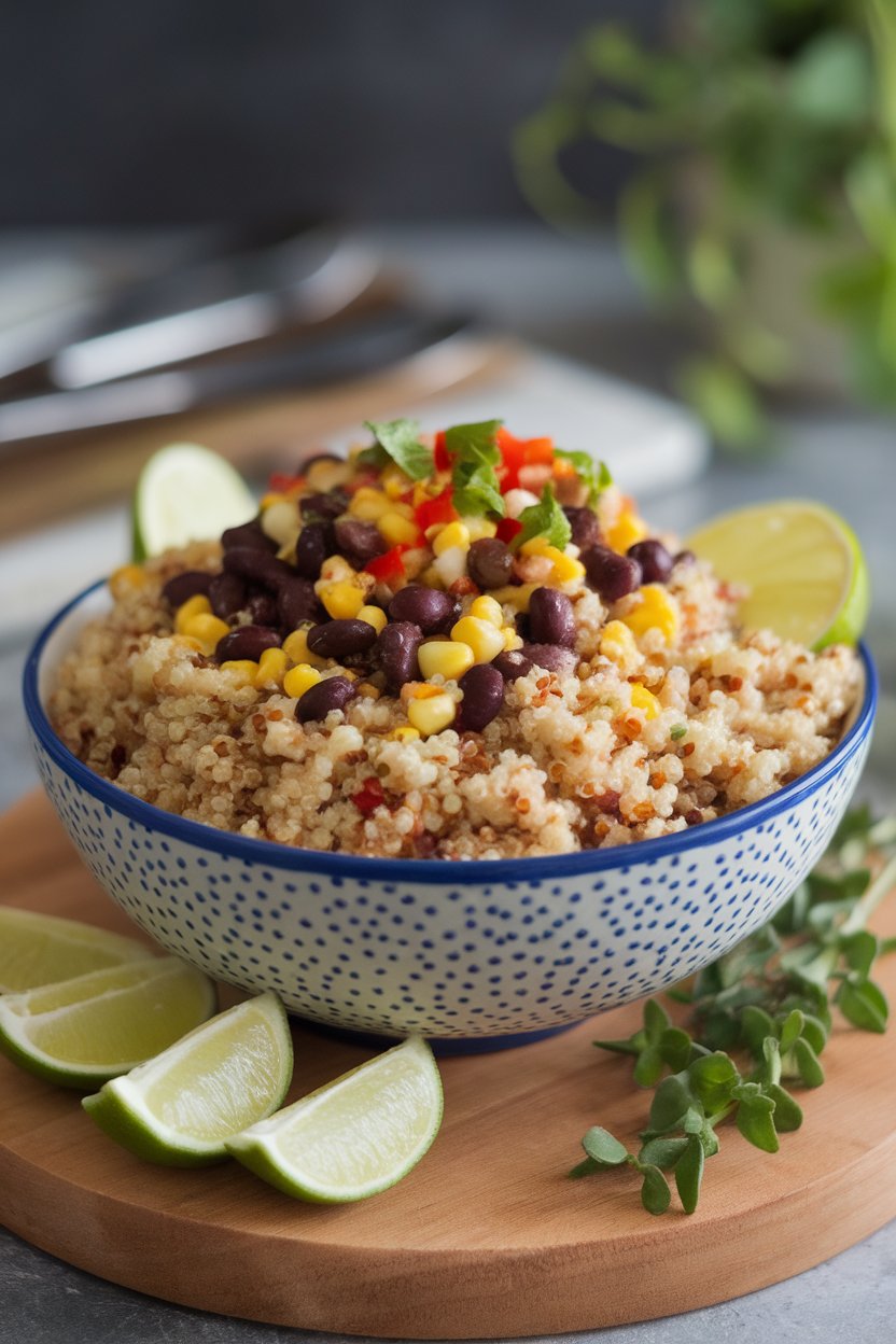 Photo of an indoor serving bowl filled with fluffy quinoa topped with black beans, corn, diced peppers, and lime wedges; no text or logos