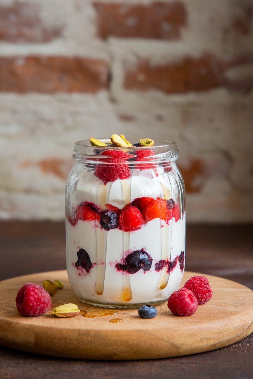 An indoor kitchen counter scene featuring a clear glass layered with Greek yogurt, mixed berries, and a drizzle of honey, garnished with a few pistachios on top. No text or logos anywhere. Photo only.