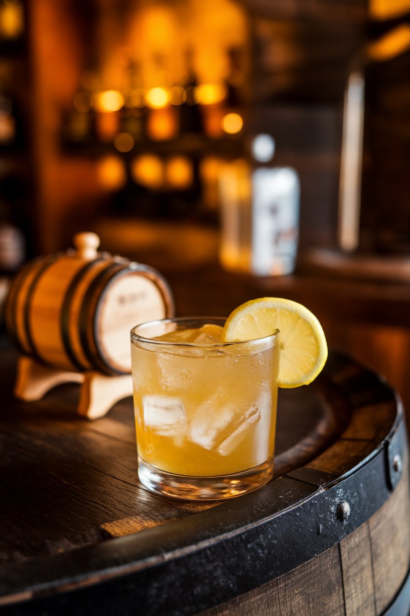 Indoor whiskey-bar vibe, rocks glass of golden margarita over clear cube, tiny barrel in background; no logos.