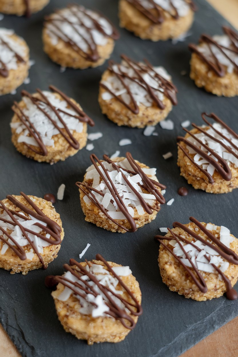 Bite-size round cookies with visible quinoa flakes, coconut shreds, and melted dark chocolate drizzle, photographed on an indoor slate board. No text or logos.