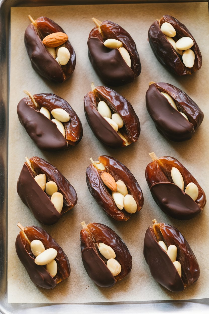 Indoor snack tray with dates stuffed with almonds, half dipped in dark chocolate, set on parchment. Photo, no text or logos.