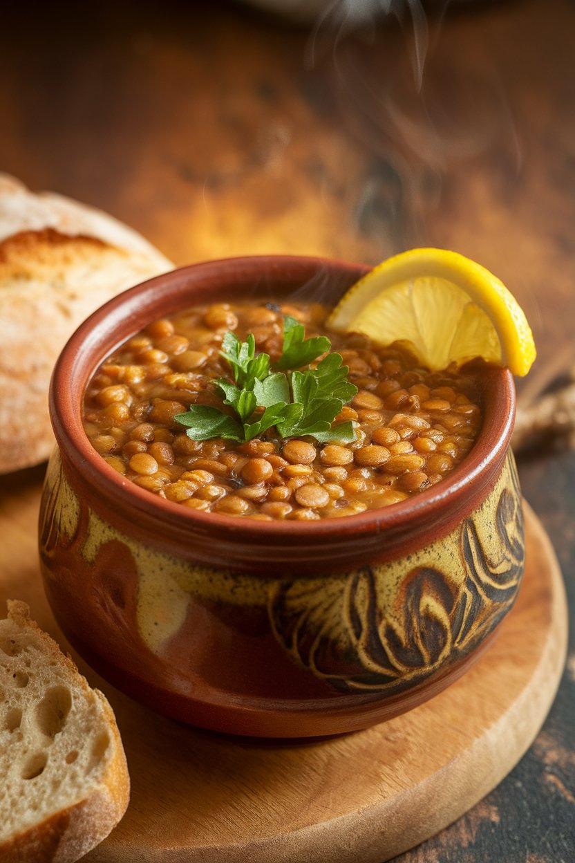A ceramic bowl indoors filled with steaming lentil soup garnished with parsley and a lemon wedge on the rim; photo only, no text or logos.