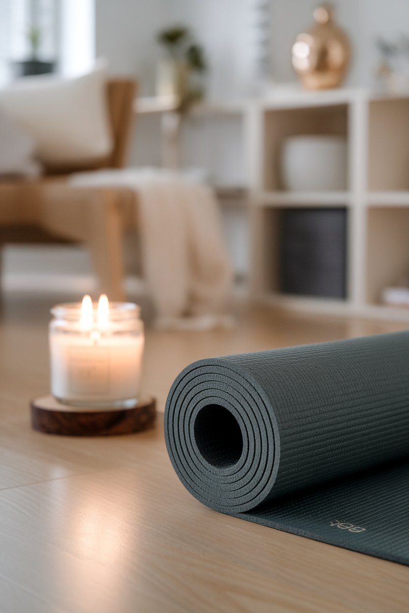 An indoor yoga mat rolled out in a living room, a lit candle nearby creating a calm atmosphere. No text or logos on mat or candle.