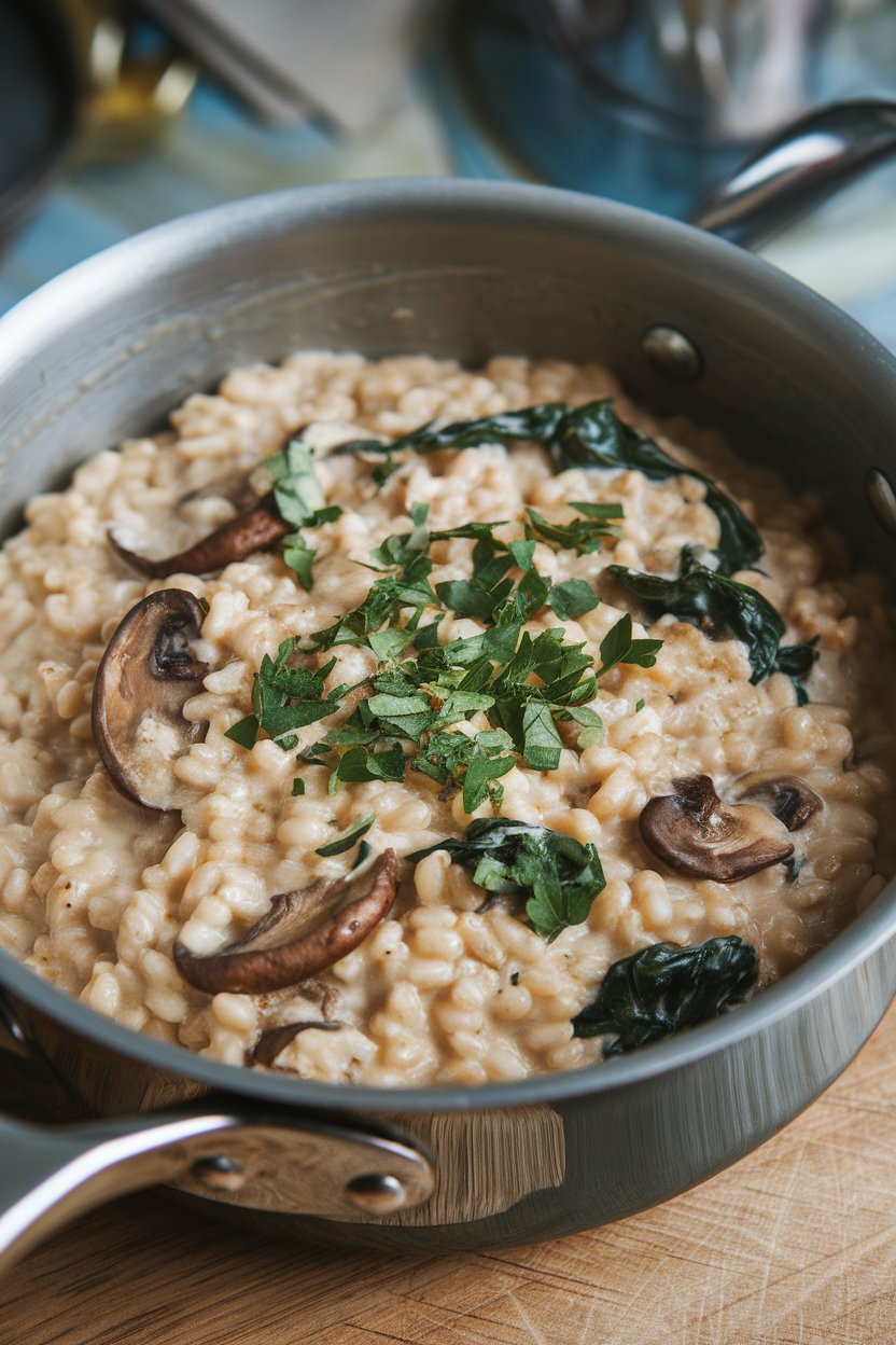 Indoor saucepan of creamy brown rice risotto dotted with mushrooms and spinach—no text or logos.