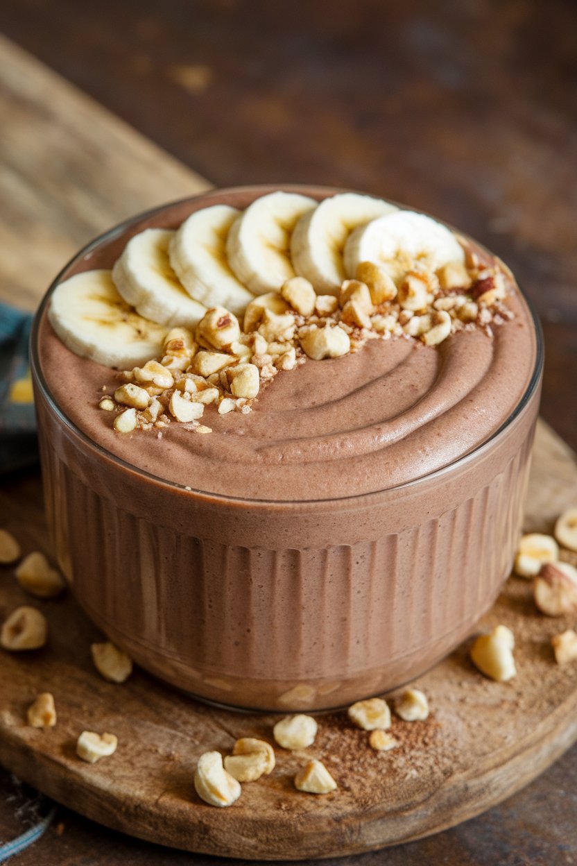Indoor photo of a thick cacao smoothie bowl garnished with sliced banana and crushed hazelnuts. No text or logos.