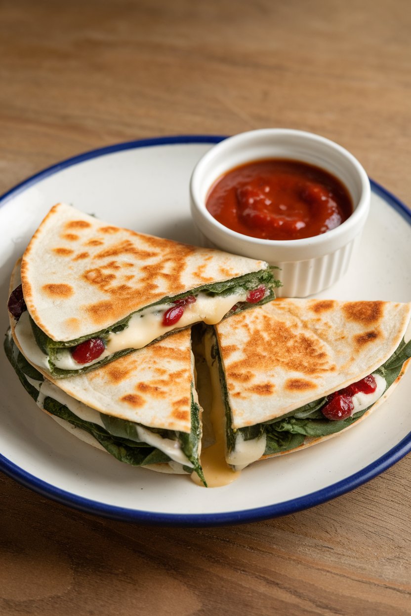 Indoor appetizer plate, cranberry Brie spinach quesadilla oozing cheese, photo, no text or logos.
