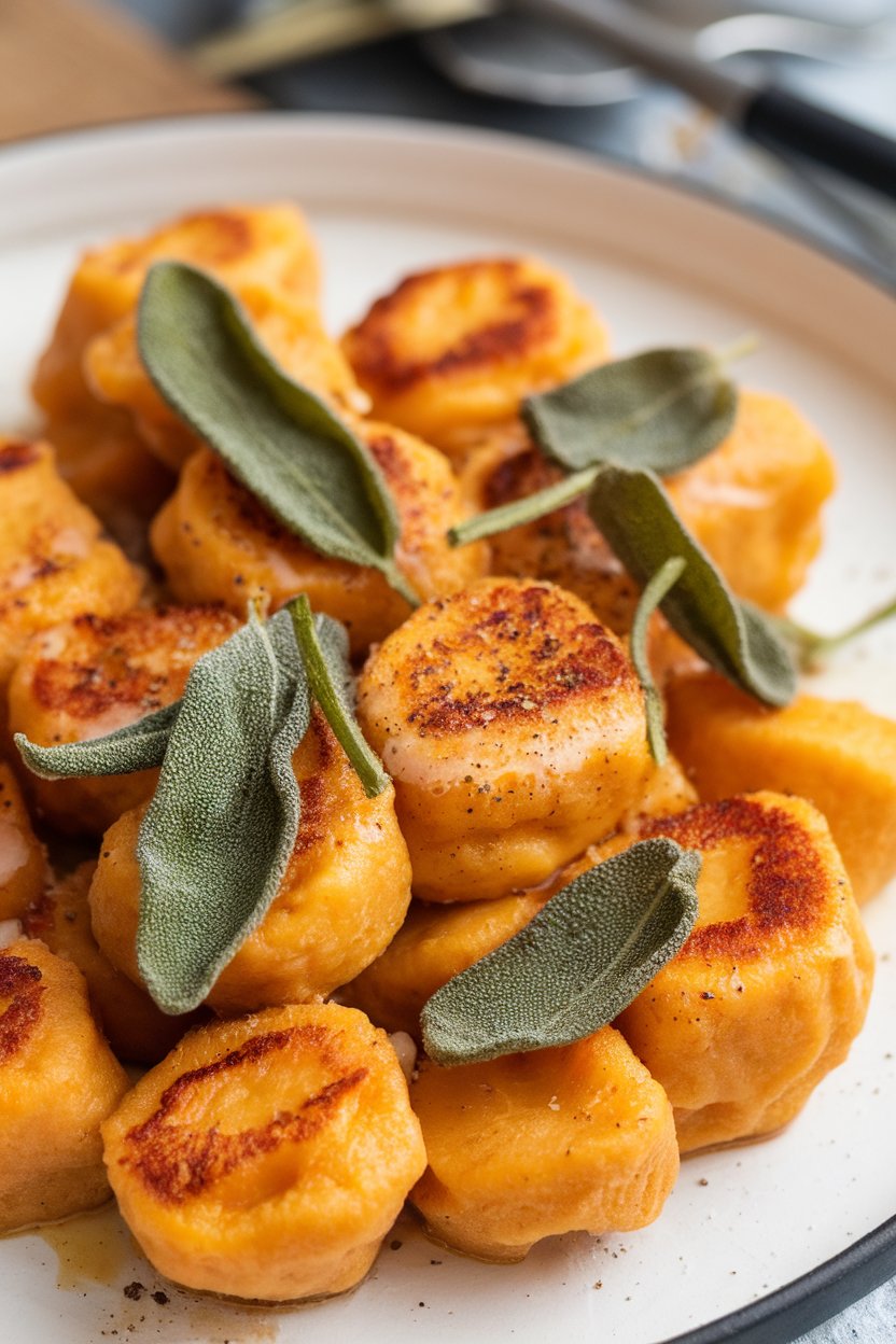 Indoor close-up of pan-seared sweet potato gnocchi drizzled with browned butter and crisp sage leaves. No text or logos.