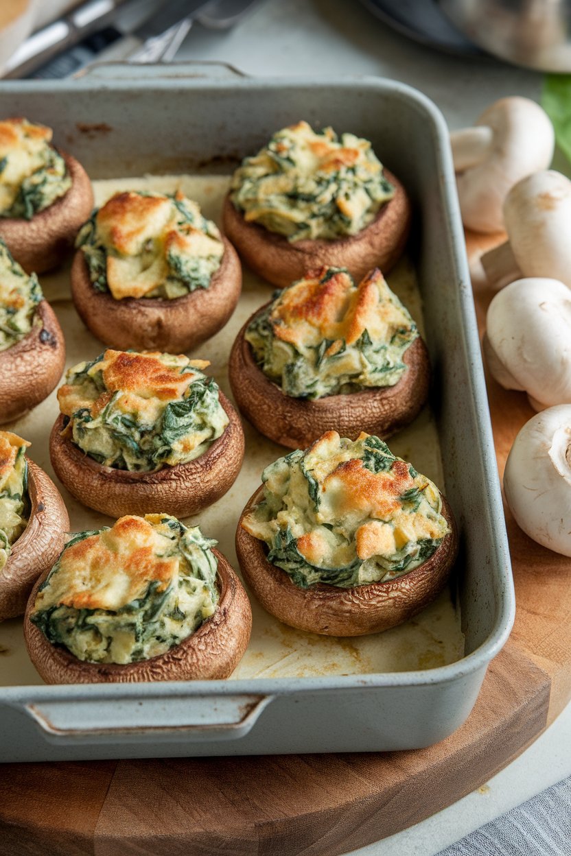 A baking dish indoors filled with mushroom caps stuffed with creamy spinach and artichoke mixture, tops lightly browned. Photo, no logos.