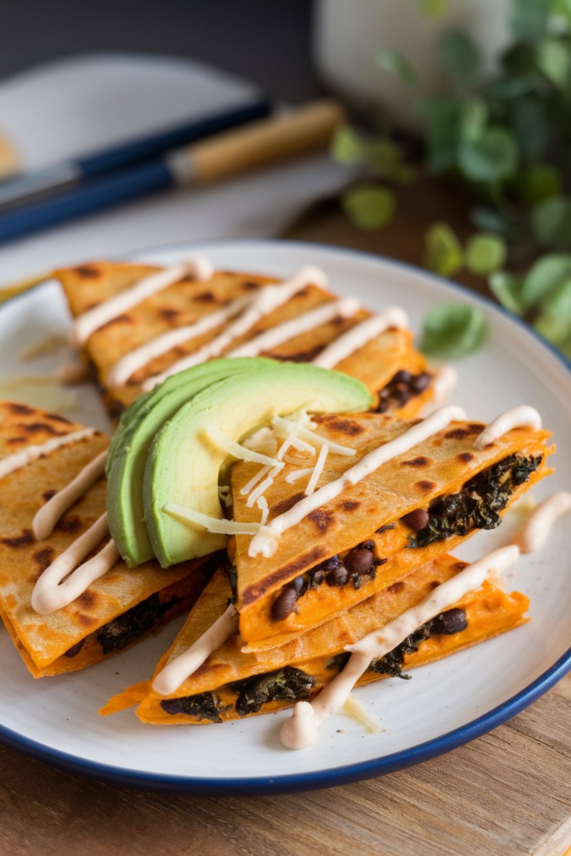Indoor hearty plate, pumpkin black bean kale quesadilla wedges, photo, no text or logos.