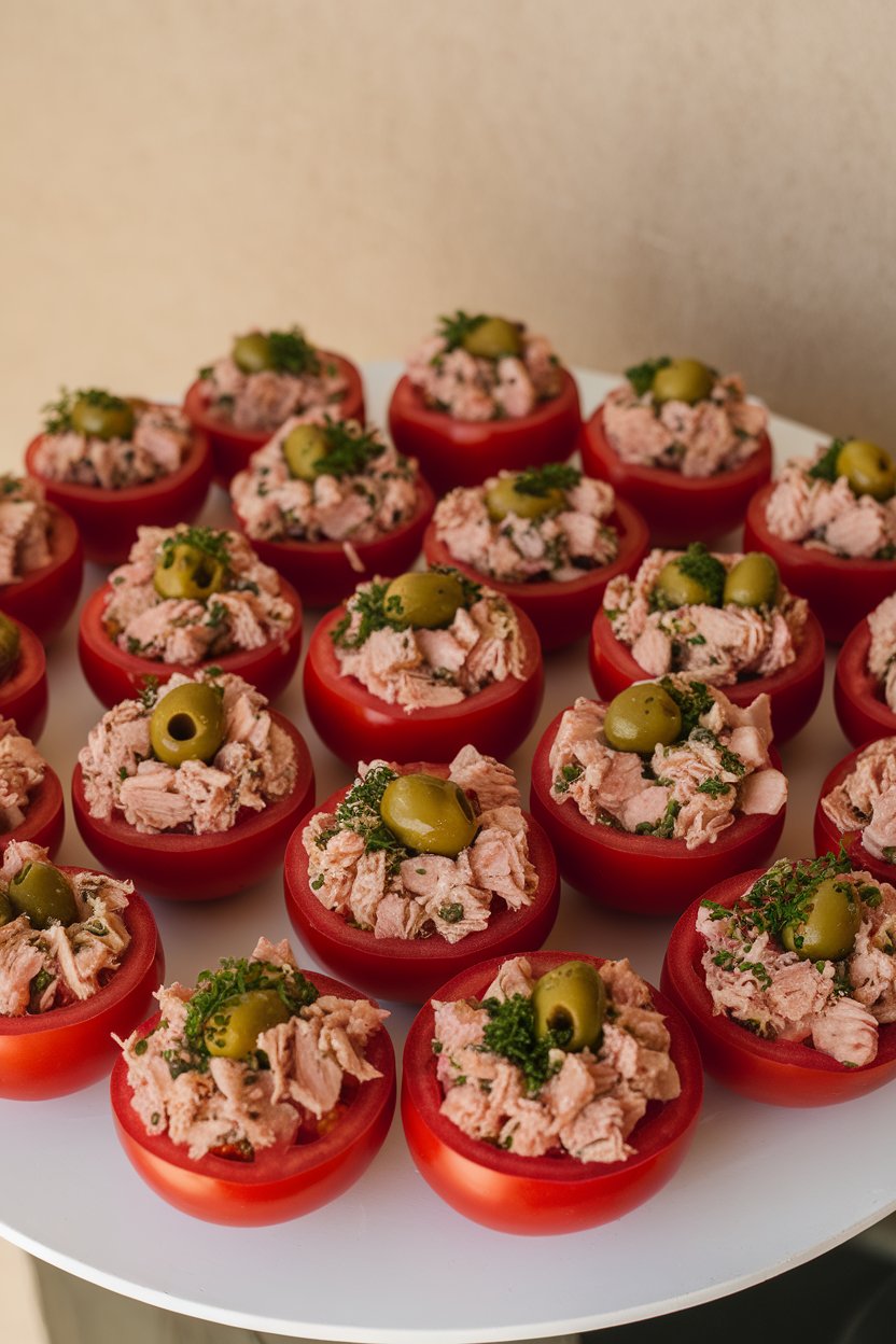 Indoor photo of large tomato halves filled with a tuna, olive, and herb mixture, arranged on a white platter. No logos or text.