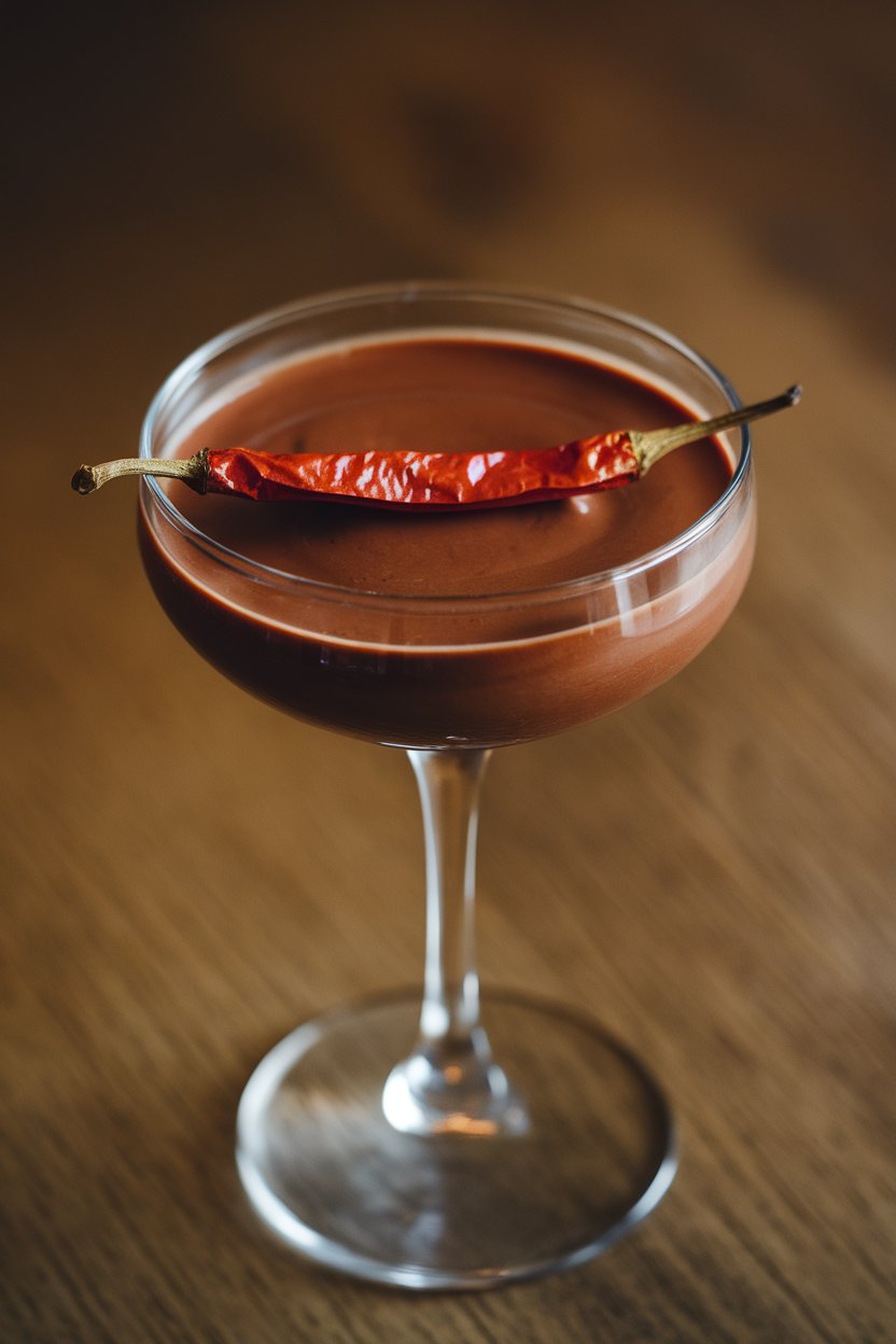 Indoor martini glass of dark chocolate cocktail, single dried chili resting on rim. No branding present.