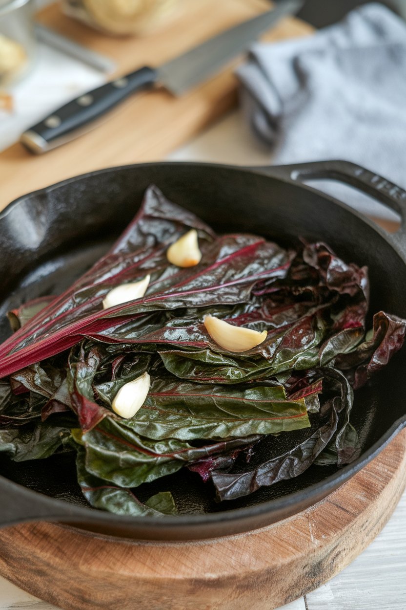 A photo of a cast-iron skillet indoors holding wilted Swiss chard ribbons glossy with olive oil and studded with garlic slices. No logos or text.