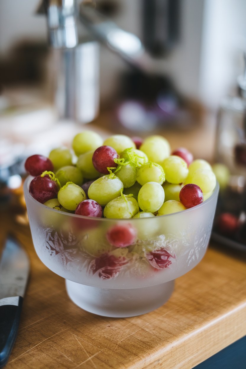 Frosted glass bowl on an indoor counter brimming with icy green and red grapes dusted with fresh lime zest. No text or logos.