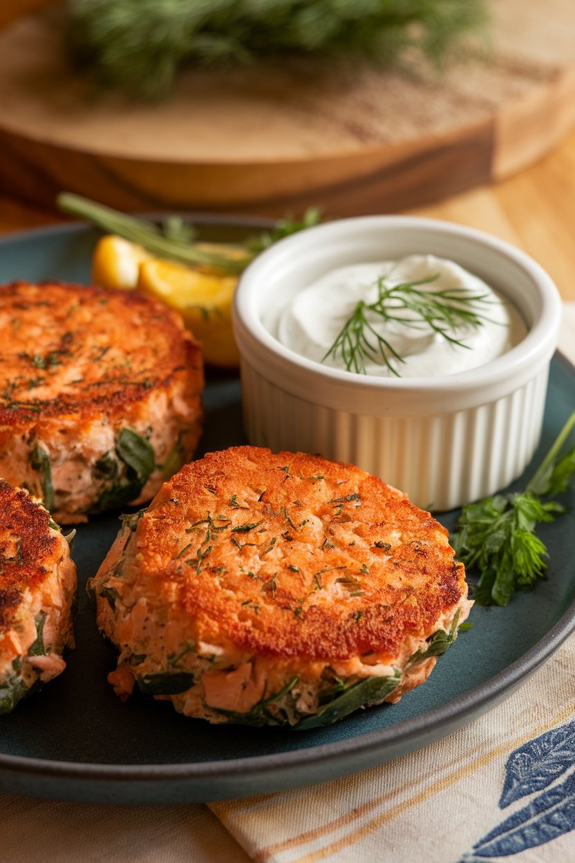 Indoor platter holding golden pan-seared salmon cakes with a small ramekin of yogurt-dill sauce; warm ambient light; photo, no text or logos.