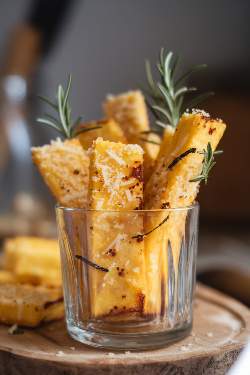 Rectangular polenta fries with grated Parmesan and rosemary flecks arranged in a tumbler indoors. No text or logos. Photo.
