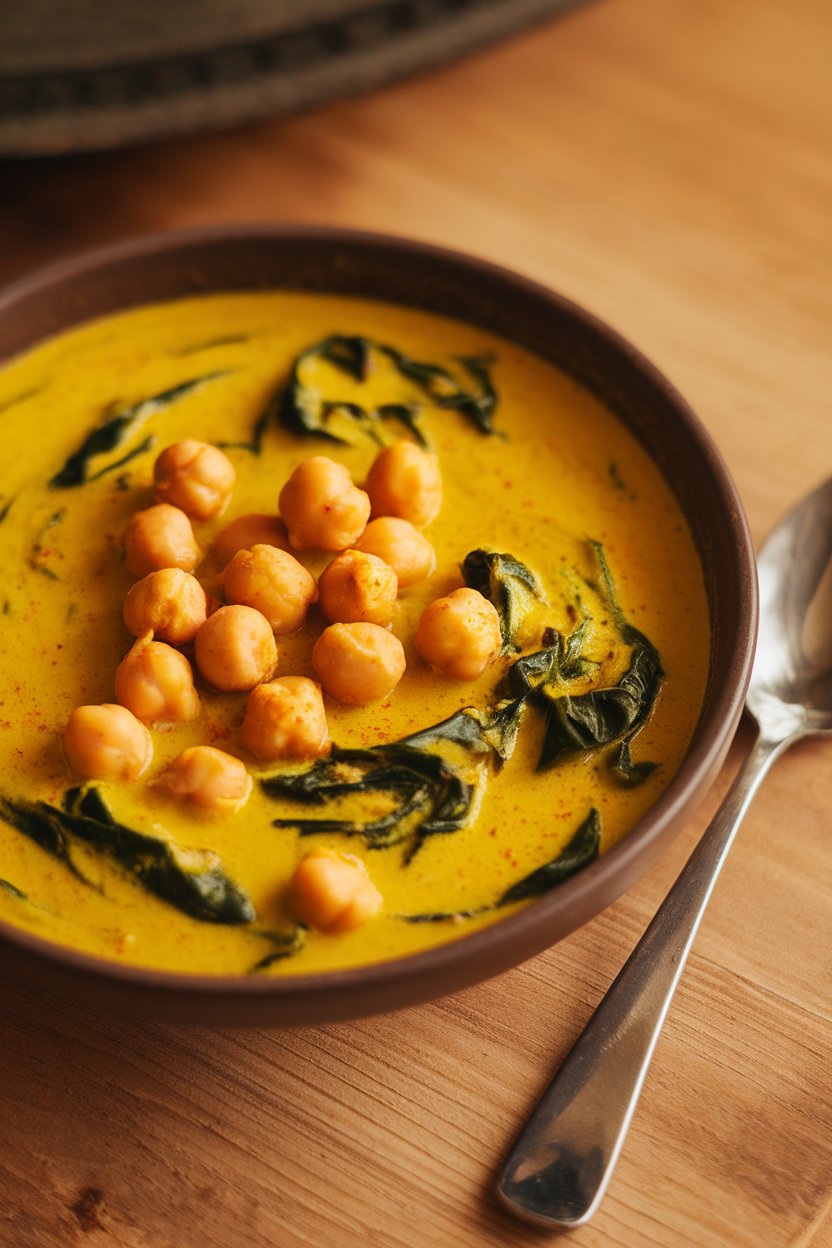 An indoor soup bowl of golden turmeric coconut stew dotted with chickpeas and spinach, served with a spoon on the side; no text or logos.