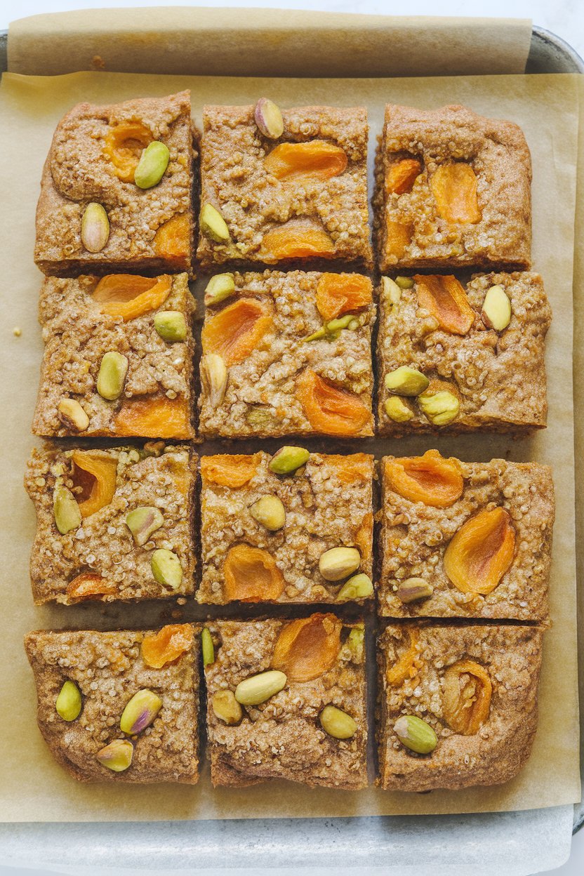 Indoor photo of homemade quinoa bars studded with pistachios and dried apricots on a parchment-lined tray, overhead composition, no text or logos