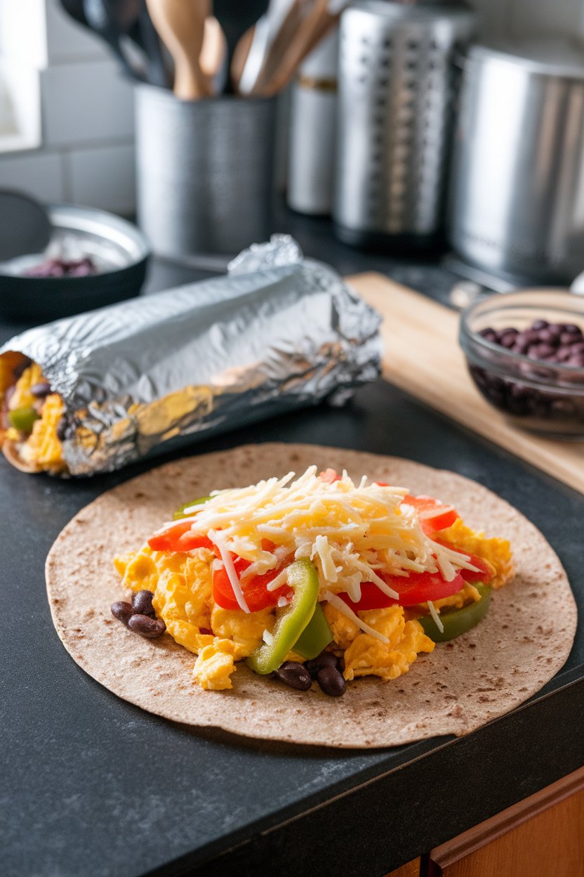 An indoor kitchen island featuring a whole-wheat tortilla filled with scrambled eggs, bell peppers, black beans, and shredded cheese; burrito half-wrapped in foil; no text or logos; photo